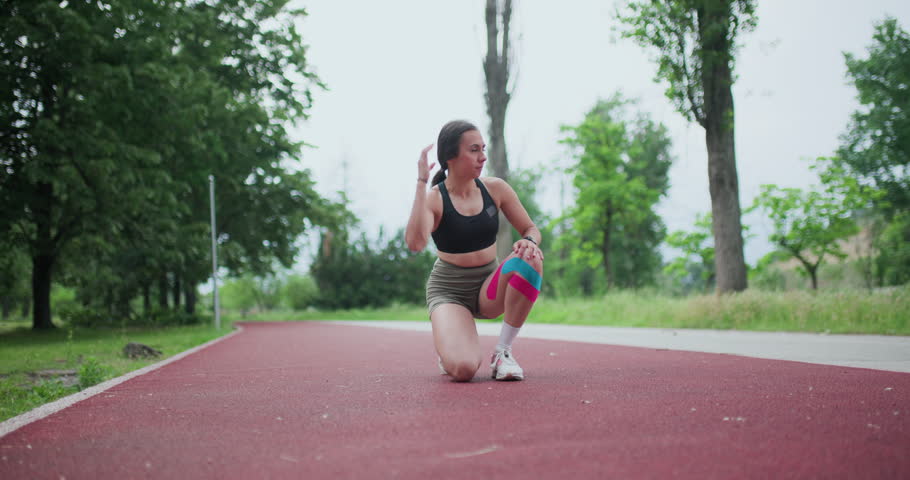 Focused woman runner with kinesiology tape on her knee gets ready to start a training session on an outdoor track.