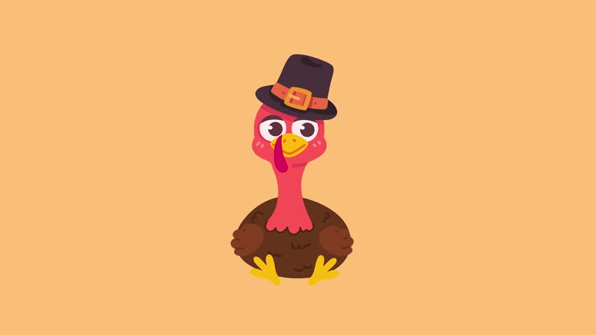 Charming animated turkey character with a pilgrim hat, perfect for autumn holiday designs