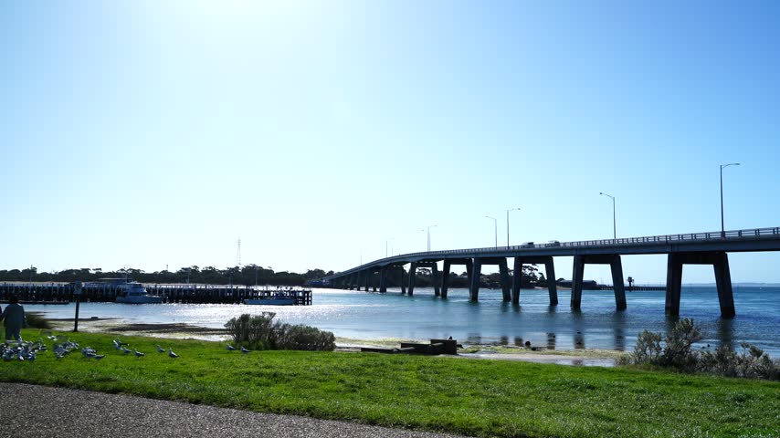 Scenic view of Phillip Island Bridge connecting Phillip Island with the mainland of Victoria, Australia. 