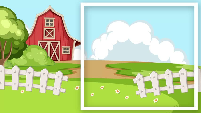 Animated girl plays piano in a farm setting for alphabet learning and vocabulary development.
