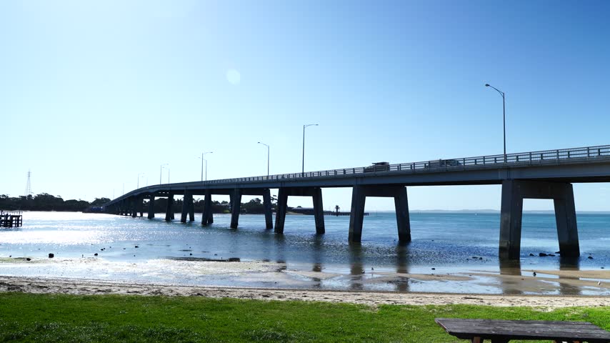 Scenic view of Phillip Island Bridge connecting Phillip Island with the mainland of Victoria, Australia. 