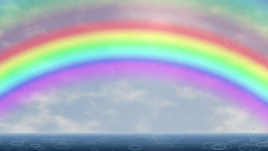 Retro twin-engine aircraft flies over ocean water during rain with a large colorful rainbow.