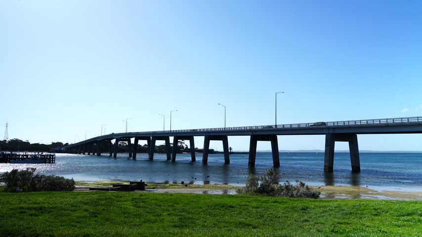 Scenic view of Phillip Island Bridge connecting Phillip Island with the mainland of Victoria, Australia. 
