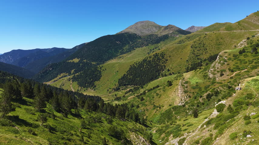Sweeping Pyrenean mountain landscape in Andorra with green slopes, conifer forests, rocky peaks and clear blue sky on a sunny summer day