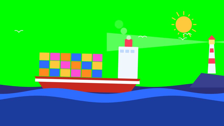 Cargo container ship sailing on sea water waves with lighthouse and sun on green screen background vector illustration