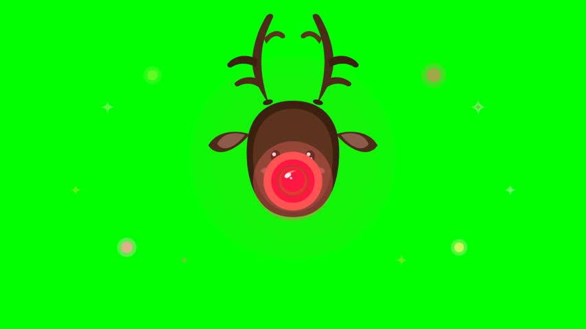 Cute cartoon reindeer with glowing red nose and antlers on green screen background for Christmas holiday design