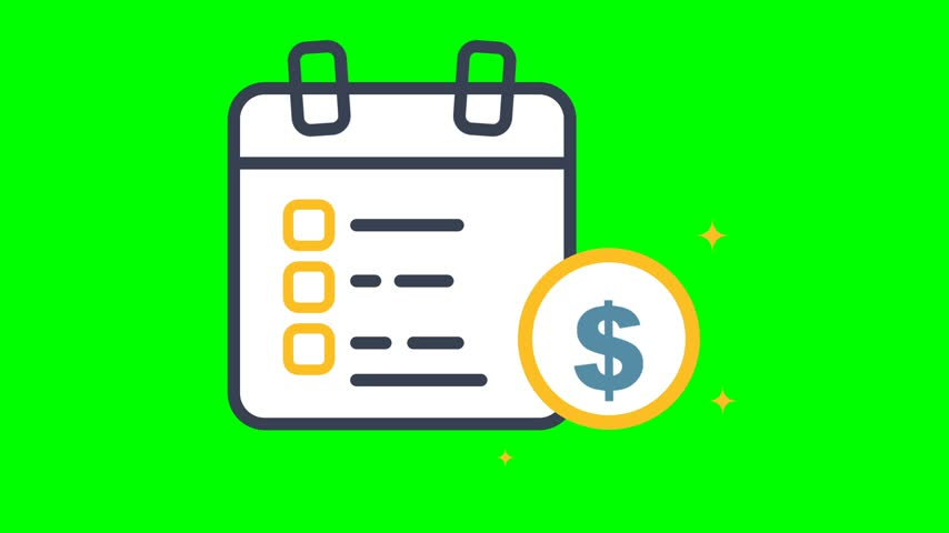 A bright flat vector animation features a stylized white calendar, with dark outline and yellow checklist markers, against a vibrant solid green backdrop. Beside the daily planner icon, a round golden coin bearing a currency symbol rests, while subtle glowing star accents float gently in the composition.