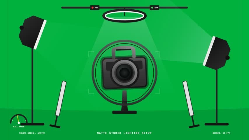 A flat vector illustration shows a central camera surrounded by various professional lighting tools against a vibrant green backdrop. Multiple lamps and softboxes create an organized production environment for broadcast purposes. The minimalist graphic style features clean lines and balanced composition, providing a clear visual representation of modern media recording technology settings.