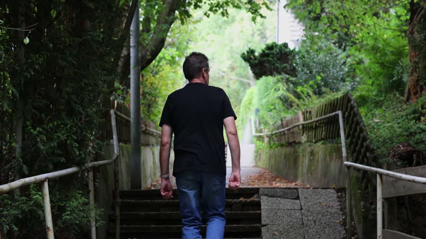 Rear view of a man walking away up a flight of old stone stairs surrounded by lush green foliage