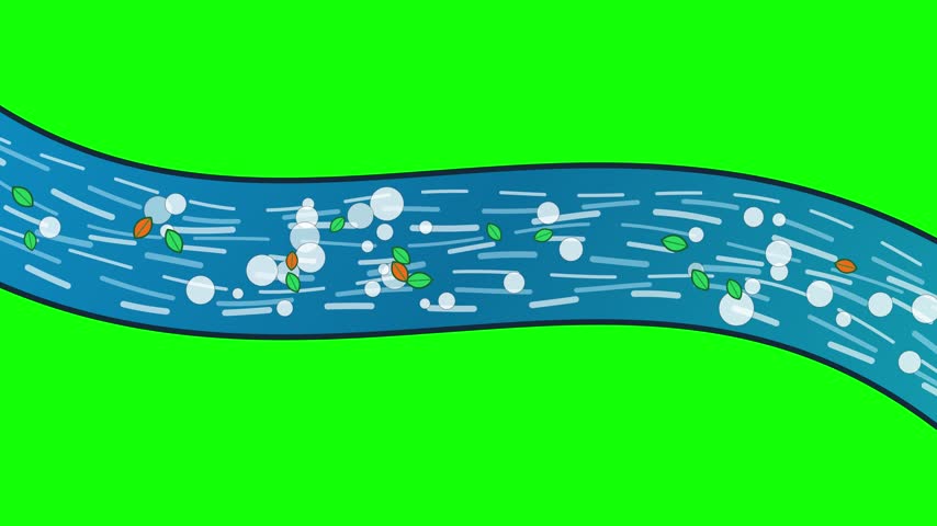 A vibrant blue river animation flows continuously from left to right across a solid chroma key background. Numerous white bubbles and abstract motion lines sweep rapidly through the current. Several small green and orange leaves drift naturally along the winding waterway. This clean vector illustration provides a dynamic nature element for digital projects.