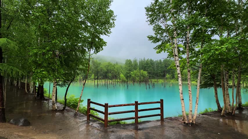 Birch Trees and Wooden Fence Beside Turquoise Blue Pond