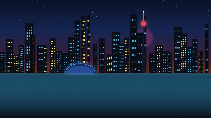A minimalist vector illustration of a stylized city skyline at twilight. The scene features glowing windows, a prominent red beacon, and a smooth horizon line in a modern flat design style.