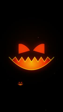 Glowing Halloween jack o lantern face with glowing orange eyes and sharp teeth carved evil smile isolated on dark black background for holiday design
