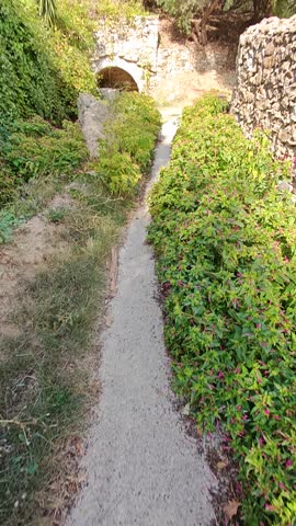 Sunny hiking trail in Ramatuelle with stone arch fountain, lush green vegetation, purple flowers and trees along a dirt path, French Riviera countryside.