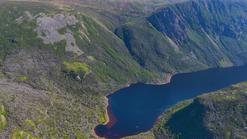 aerial Drone View of Western Brook Pond Fjord and Dramatic Cliffs in Gros Morne Newfoundland Canada