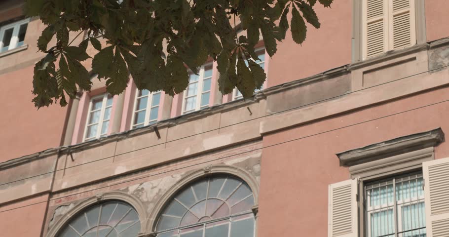 Close view of a warm-toned historic building façade in Bergamo, Italy, featuring large arched windows, decorative stonework, shutters and leafy branches in the foreground.