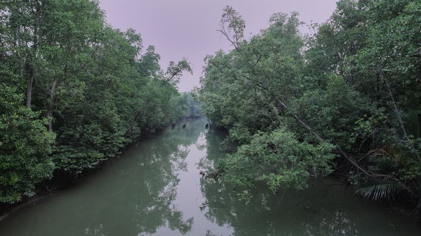 A peaceful landscape showcasing a scenic public park alongside a sandy beach and a flowing river under hazy skies.