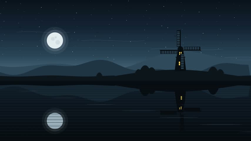 Traditional windmill silhouette rotating in a peaceful moonlit night landscape.