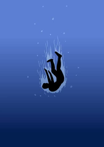 Silhouette of a person falling sinking deep down in blue water.