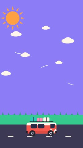 Pixel-art red van driving on coastal road beneath purple sky with orange sun and white clouds