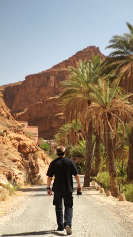 Tourist walking through the scenic Ait Mansour Canyon near Tafraoute, Morocco, surrounded by towering rocky cliffs, palm trees, and the rugged Anti-Atlas landscape.
