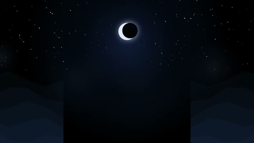 A total solar eclipse occurring in the night sky surrounded by bright glowing stars and mountain sil