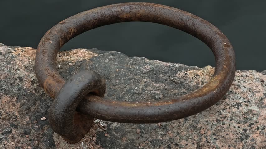 A rusty metal ring sits atop a rock, with a weathered appearance.