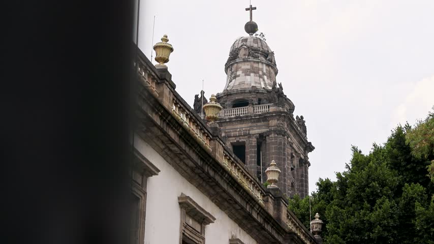 View of the upper section of Mexico City Metropolitan Cathedral showing ornate dome with cross, urns and facade elements framed by tree canopy