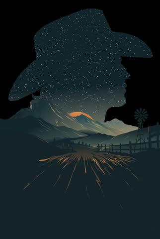 Vintage western animation of a cowboy silhouette wearing a hat and standing against a mountain landscape, inspired by American frontier culture, country music, Wild West and classic retro Americana style.