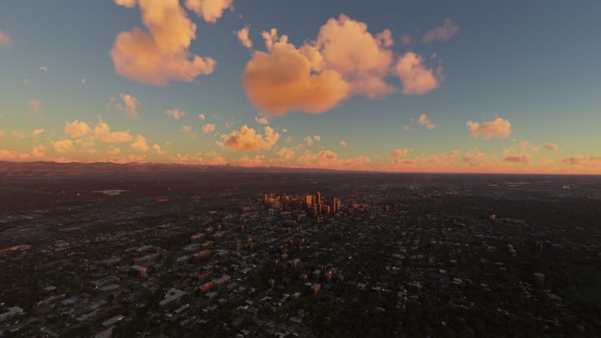 3D - Circular aerial shot at sunset of Denver city in Colorado. United States