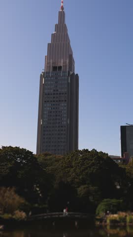 Shinjuku Gyoen National Garden in Naitomachi, Shinjuku and Shibuya, Tokyo, Kanto Region, Honshu Island, Japan, with pine trees, traditional Japanese landscape and city skyline behind on a sunny day