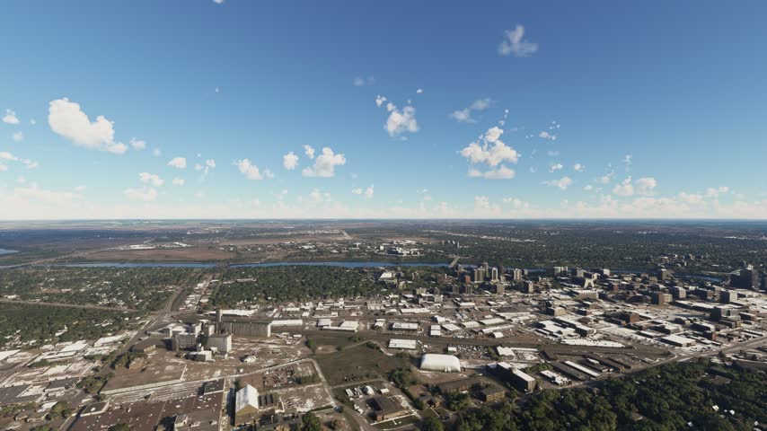 3D - Circular aerial shot of the snow over Saskatoon city in Saskatchewan. Canada