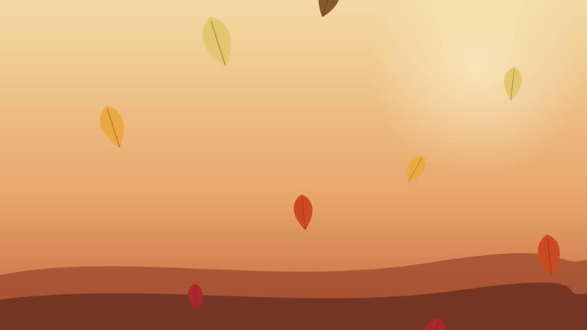 A beautiful flat vector illustration of colorful autumn leaves gently falling against a soft warm orange gradient background, representing the fall season.