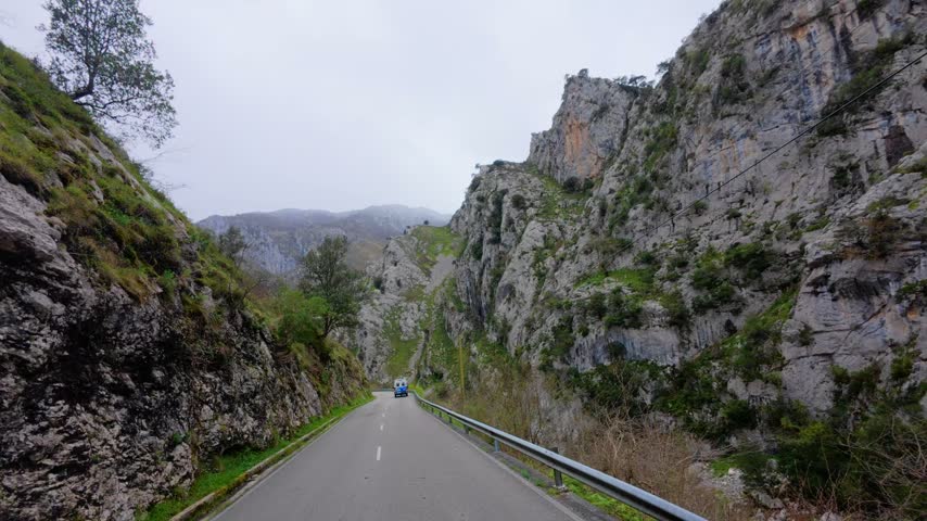 POV drive along a winding two lane mountain road through a narrow limestone gorge with towering grey cliffs, a guardrail and a van ahead under an overcast spring sky, Picos de Europa, Spain