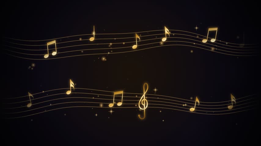 Golden musical notes floating on a dark background with sparkling stars