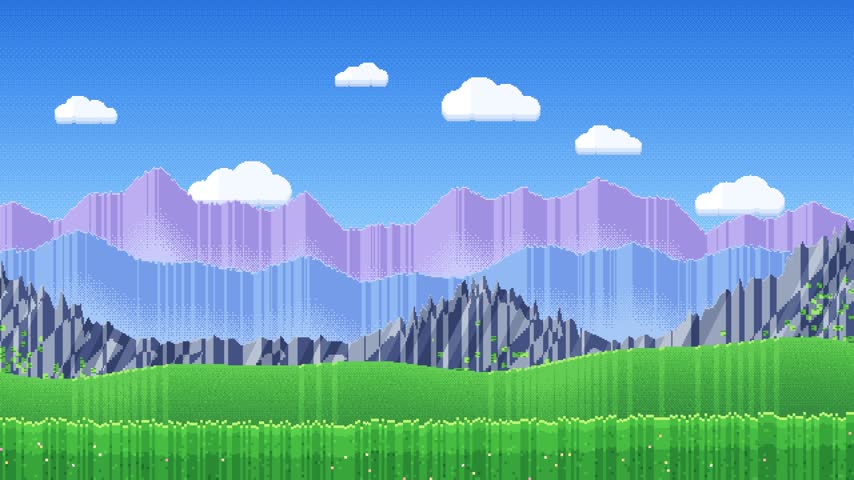 Vibrant pixel art landscape with lush green fields and towering purple mountains under a clear blue sky