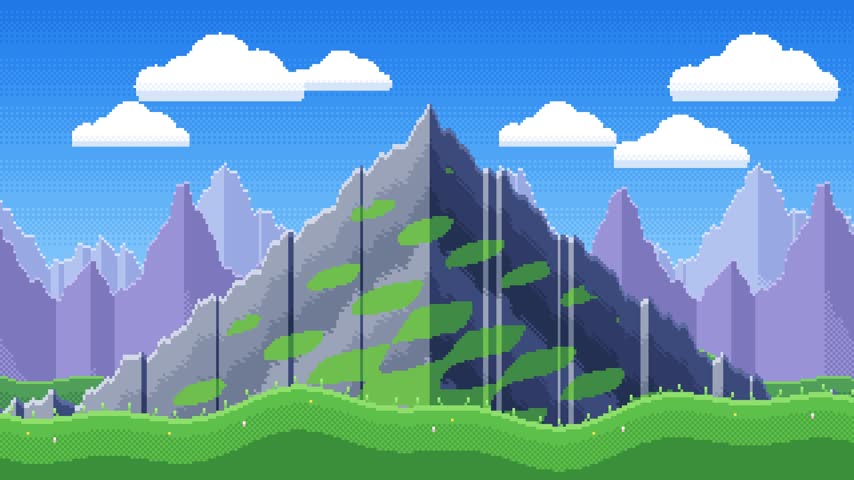 Vibrant pixel art landscape with purple mountains and green fields under a bright blue sky