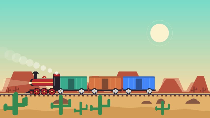 A charming flat vector illustration of a steam locomotive pulling vibrant colored freight cars through a sunlit desert scene with cactus plants and distant mountains, created in a clean minimal