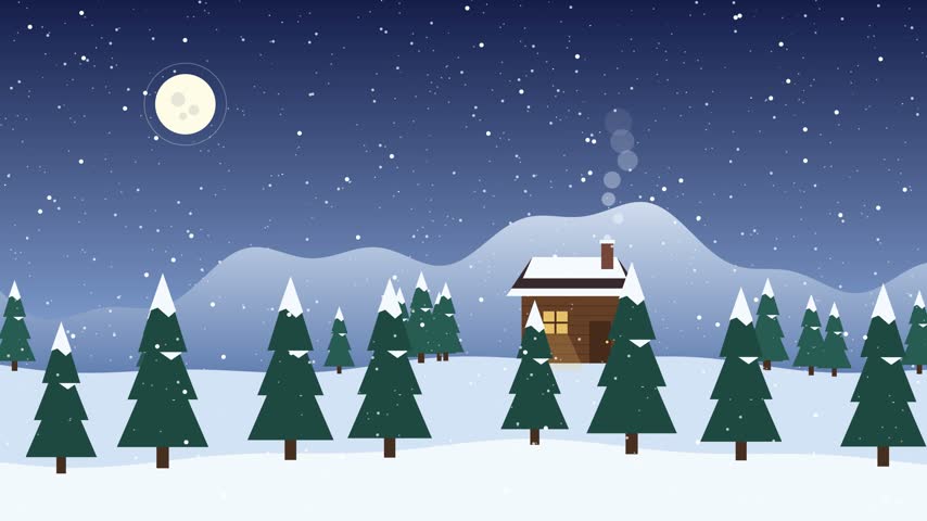 This tranquil digital illustration depicts a picturesque winter scene with a solitary rustic wooden cabin, snow-covered evergreen pine trees, gentle falling snowflakes, and a bright glowing full moon at night.