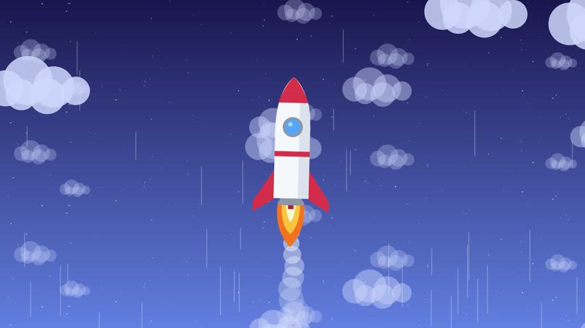This colorful digital vector illustration features a minimalist space rocket rising through a dark blue atmosphere filled with simple stylized clouds while traveling upwards on a journey toward outer space