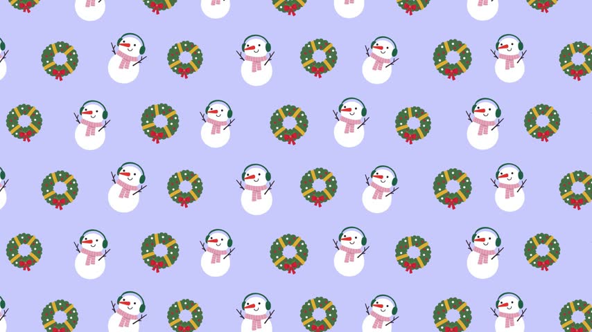Seamlessly looping pixel art animation of cheerful snowmen and Christmas wreaths on a light purple background.