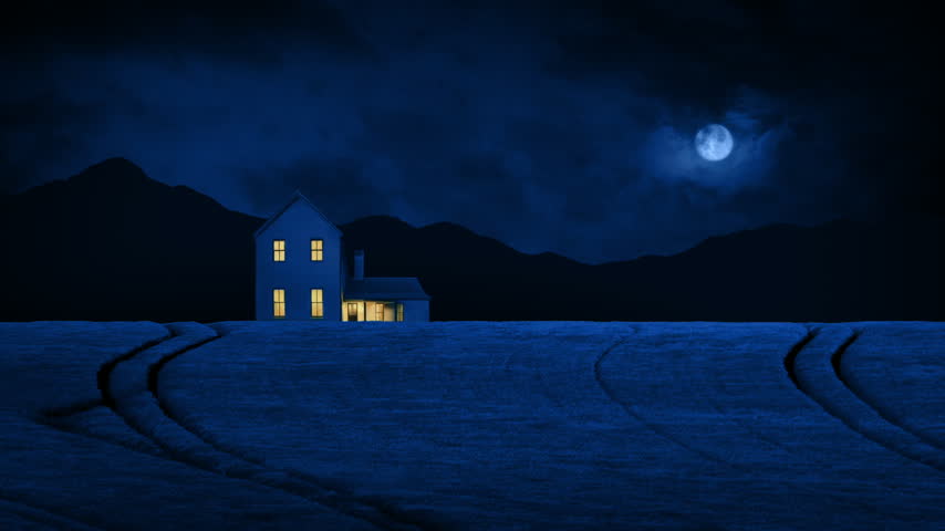 House By Field At Night With Mountains Behind
