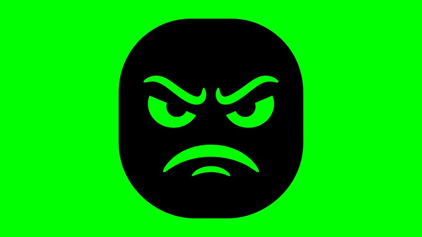 An animated black icon of an angry face with furrowed brows on a vibrant green background perfect for social media feedback or graphic design.