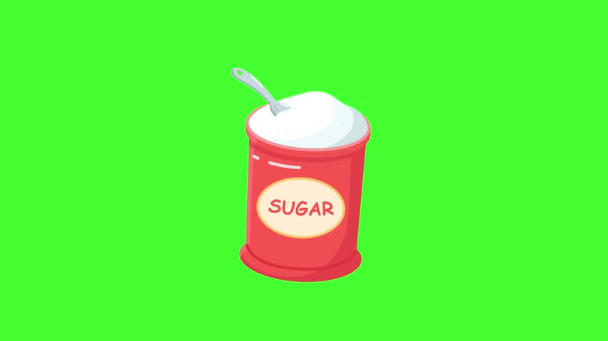 Flat vector animated red container labeled "Sugar" filled with white sugar and a spoon resting inside