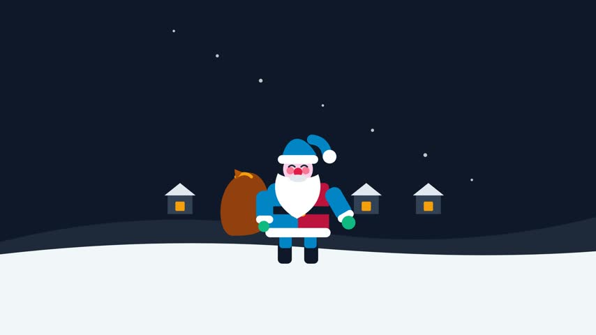 Animated snowman with accessories standing in a snowy landscape during night, surrounded by small houses and falling snow, celebrating winter holiday season.
