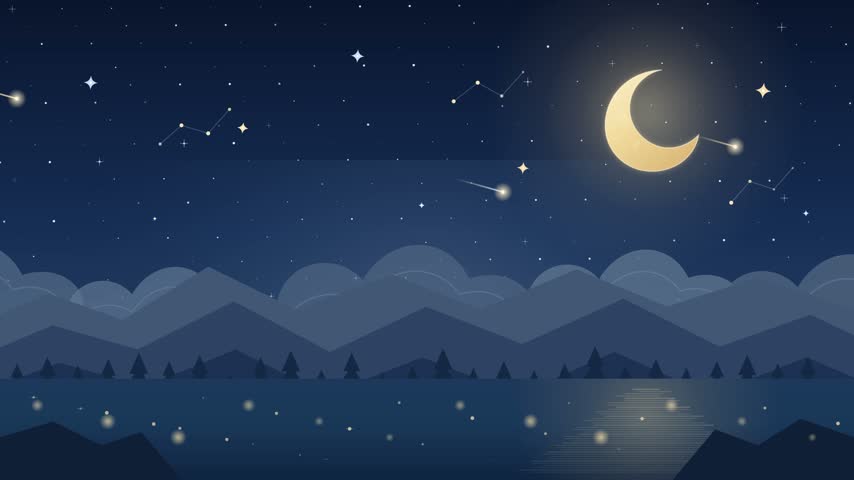 Flat vector illustration of crescent moon over night mountains