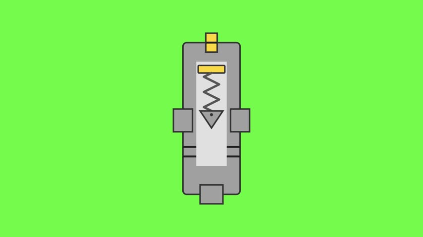 2D vector line art of a hydraulic relief valve in tool steel and caution yellow. Features a conical poppet lifting against a spring seat to vent fluid pressure on a green screen.