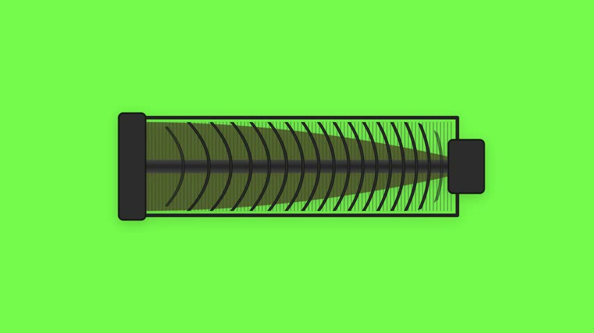 2D vector line art of a cast iron helical screw rotating inside a wedge-wire basket. Sludge is compressed and dewatered as liquid filtrate drips against a chroma green background.