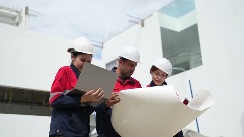 Construction workers study large blueprint together while discussing building layout and coordinating project tasks during work inside unfinished property.