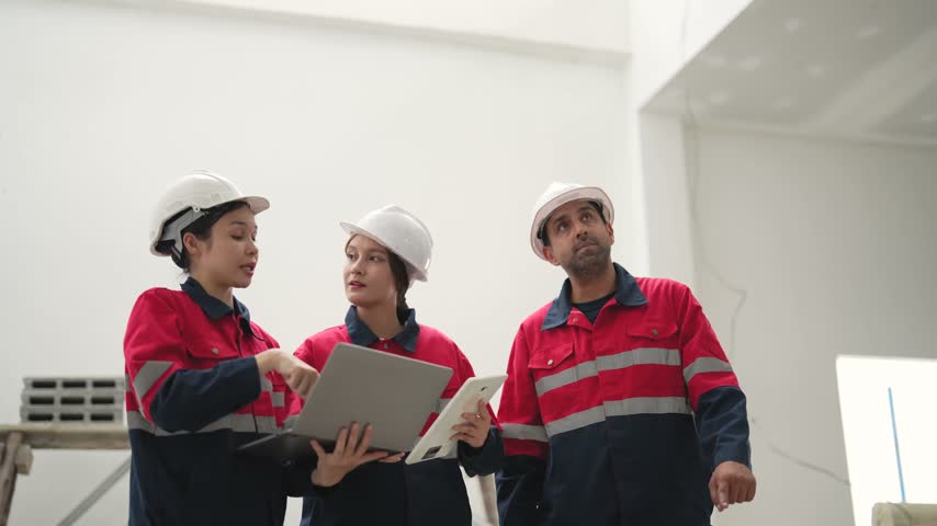 Three construction workers wearing hard hats discuss project information while holding tablet and documents during inspection inside unfinished building.